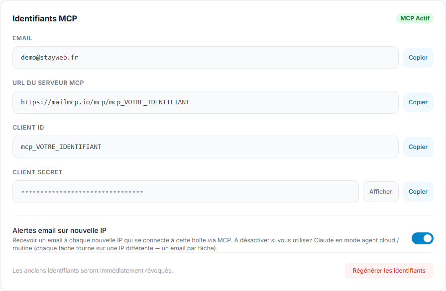 L'onglet Identifiants MCP du tableau de bord MailMCP, avec l'URL du serveur et son bouton Copier