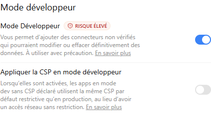 L'interrupteur du mode développeur activé dans les réglages de ChatGPT