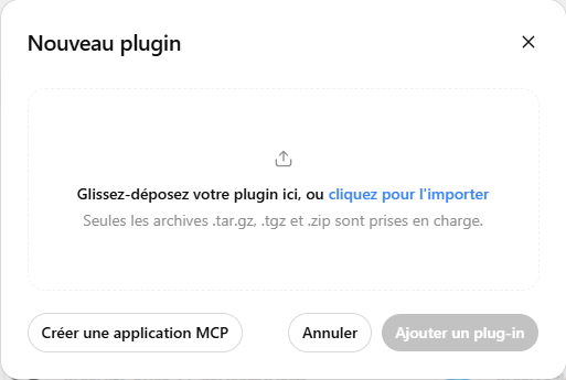 La fenêtre « Nouveau plugin » de ChatGPT avec le bouton « Créer une application MCP »