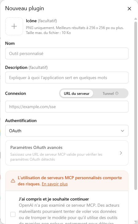 Le formulaire ChatGPT d'ajout d'un serveur MCP personnalisé : nom, URL du serveur et authentification OAuth